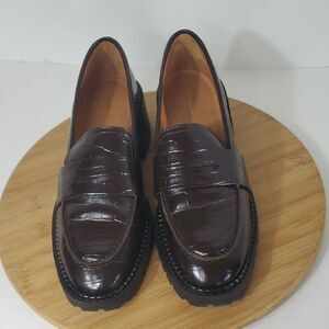 & Other Stories Dark Burgundy Croc-Embossed Leather Penny Loafers Women's 40